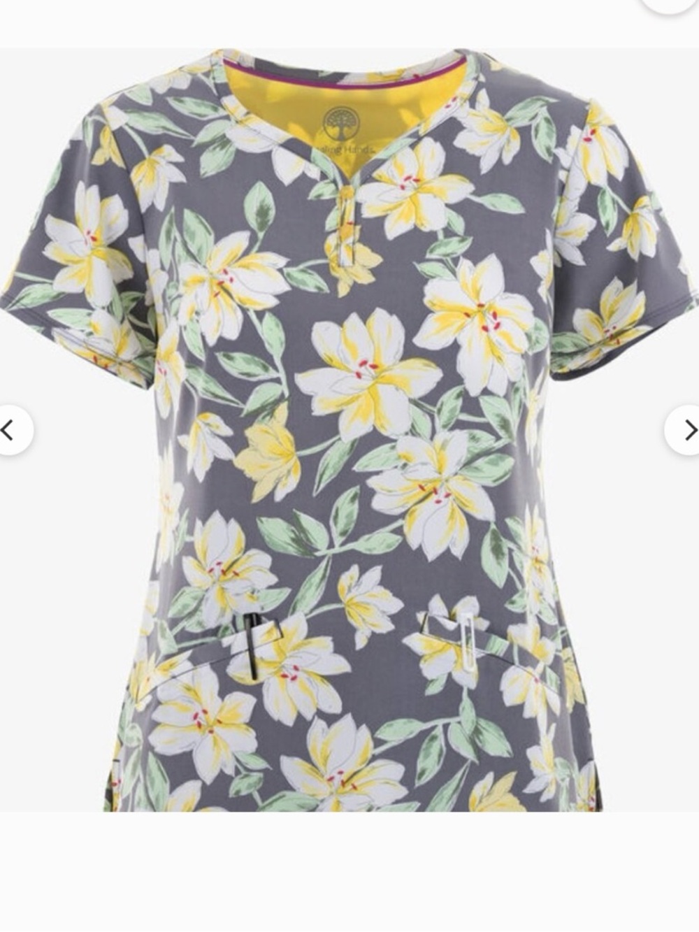 Healing Hands Grey & Yellow Floral Scrub Top